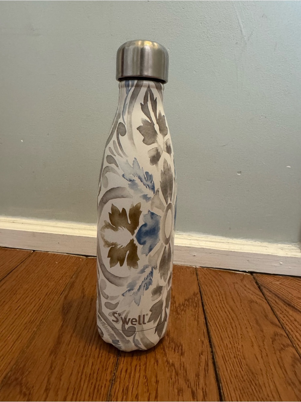 S'well White Bottle with Blue and Gold Floral Motif